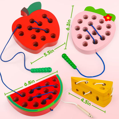 Lacing Toys for Toddlers,Wooden Threading Apple Baby Travel Toys,Montessori Education Sensory Learning Fine Motor Skills, Wooden Block Puzzle Gifts for 3 Year Old Baby Kids Boys Girls