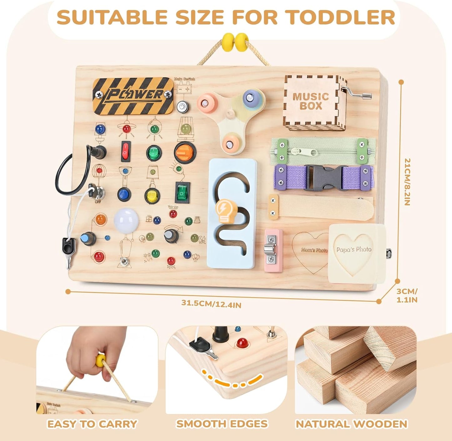Sanlebi LED Busy Board for Toddlers 1-3,Montessori Toy with Key Switch, Light Up Wood Activity Sensory Board for Fine Motor Skills, Educational Travel Toy Gift for 1 2 3 Year Old Boys Girl