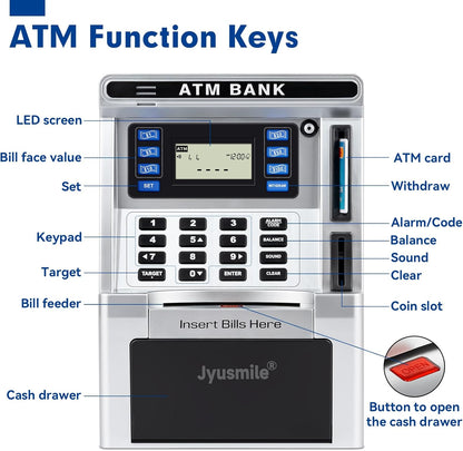 ATM Piggy Bank for Kids, ATM Machine for Real Money with Debit Card, Bill Feeder, Coin Recognition, Balance Calculator, Electronic Savings Safe Box, Gifts for Teen Boys Girls