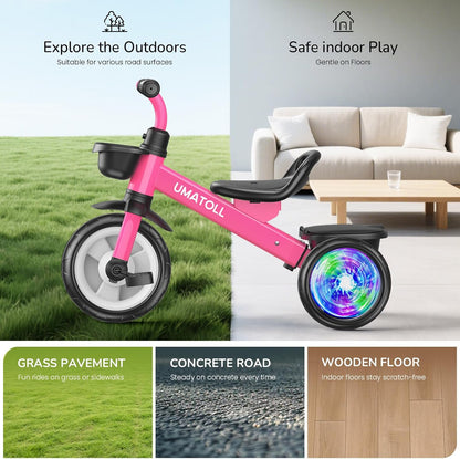 Umatoll Tricycle for Toddlers 2-5 Year Old, Ajustable Toddler Bike Outdoor Toys, Birthday Gift for Girl Age 2-4, Trike with Light up Wheels