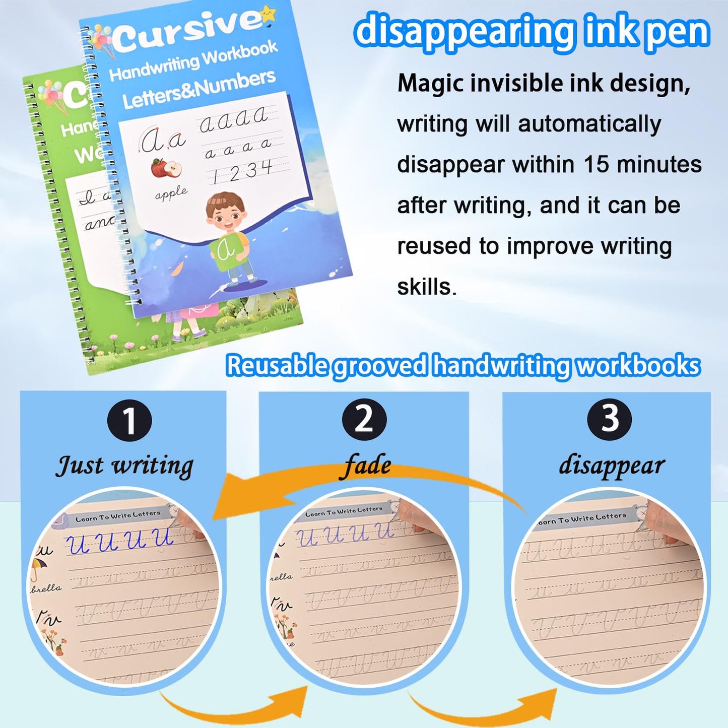 2 Pack Grooved Cursive Handwriting Workbook, Magic Reusable Grooved Handwriting Practice with Disappearing Ink Pens Cursive Writing Practice Book for Kids Beginners（2pc+Pens）（10.2in x 7.3in）