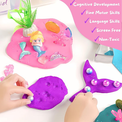 Unicorn Sensory Dough Kit (3 Jars) Non-Toxic Dough with Unicorn Cutters, Charms, Rainbow, Pom Poms, Diamonds, Gems, and Stackable Storage - Perfect for Creative Play and Gift for Kids