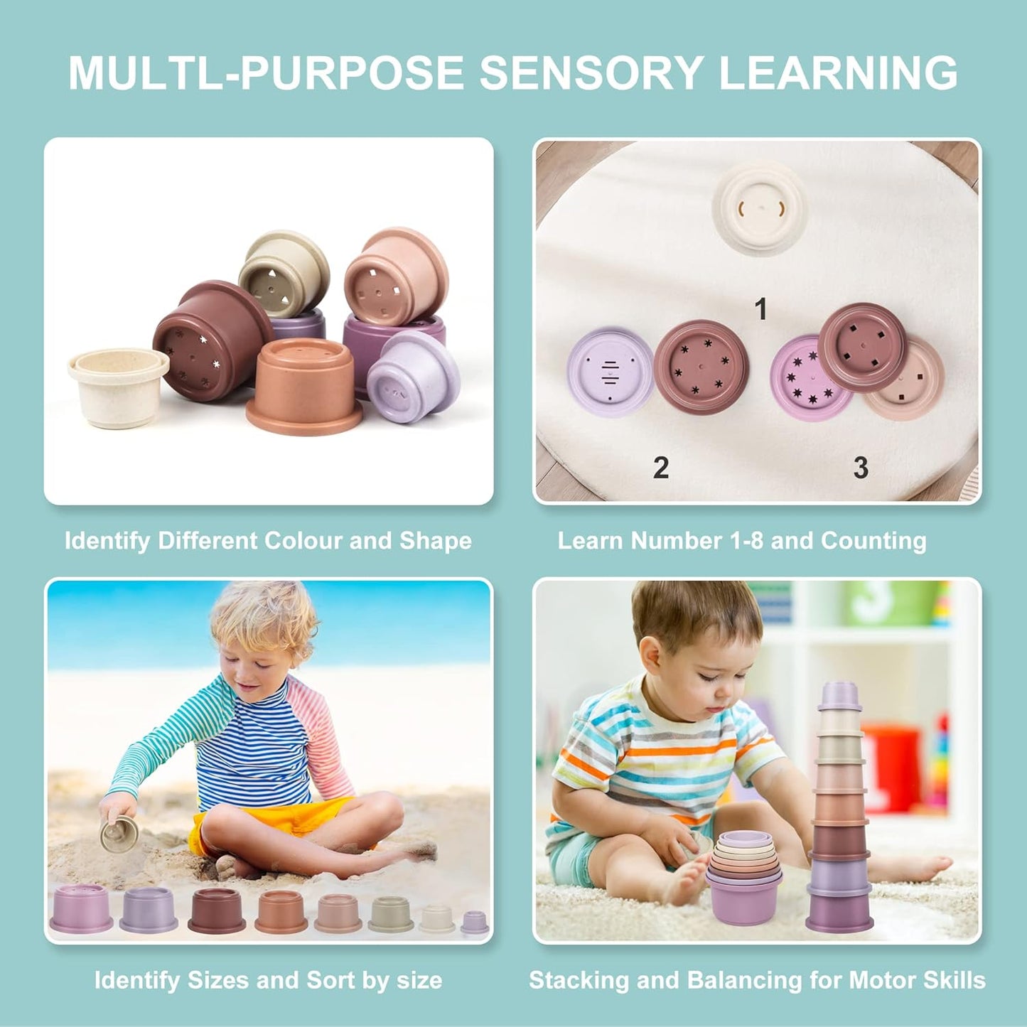 Baby Stacking Cups, Montessori Bath Toy for Toddlers 1-3, 8PCS Stackable Cups with Number Nesting Cups for Babies 6-12 Months, Early Educational Bath Outdoor Sensory Gift for 2-4 Years Old Boys Girls