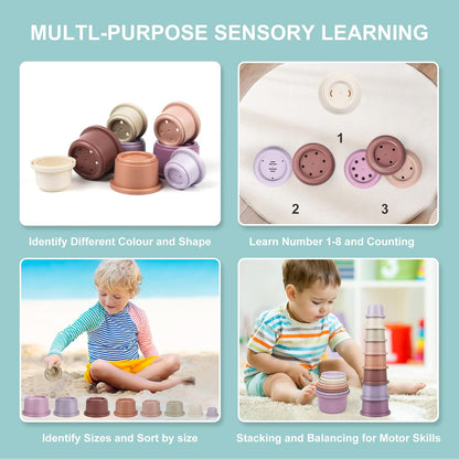 Baby Stacking Cups, Montessori Bath Toy for Toddlers 1-3, 8PCS Stackable Cups with Number Nesting Cups for Babies 6-12 Months, Early Educational Bath Outdoor Sensory Gift for 2-4 Years Old Boys Girls