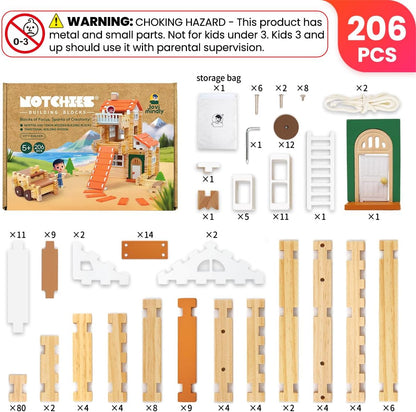 Jovi-mindly＆Notchies 96 PCS Wooden Blocks Wooden Toys with Storage Bag, Preschool Learning Toys Wood Blocks Building for Kids Ages 4-8 Creative Construction Game,FSC Certified,Birthday Toys Gifts