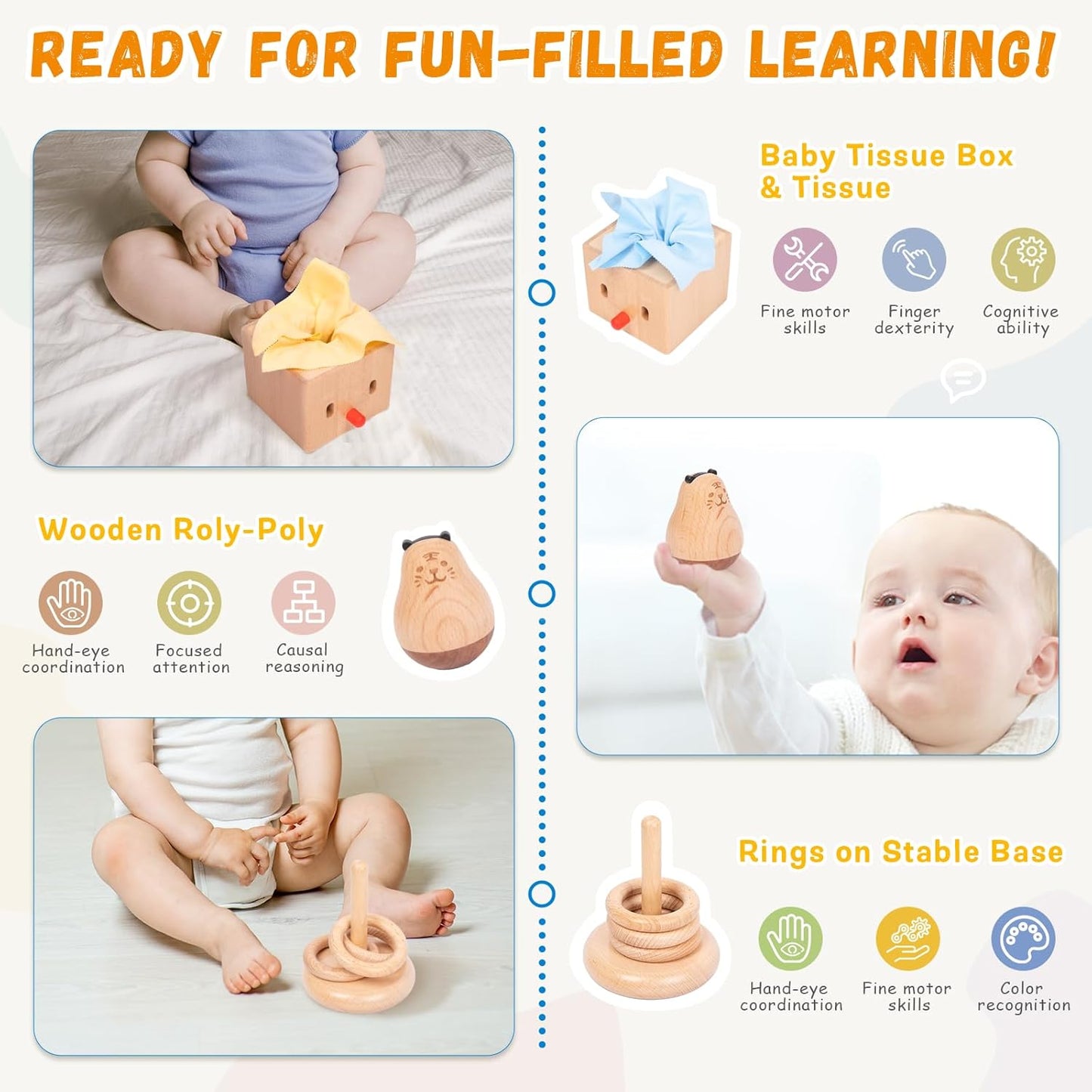 Adena Montessori Play Kit for 3-4 Months Baby,8 in 1 Wooden Learning Educational Toys for Toddler,Include Framed Mirror Book,High-Contrast Cards and More,Christmas Birthday Gift for Boys Girls