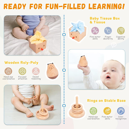 Adena Montessori Play Kit for 3-4 Months Baby,8 in 1 Wooden Learning Educational Toys for Toddler,Include Framed Mirror Book,High-Contrast Cards and More,Christmas Birthday Gift for Boys Girls