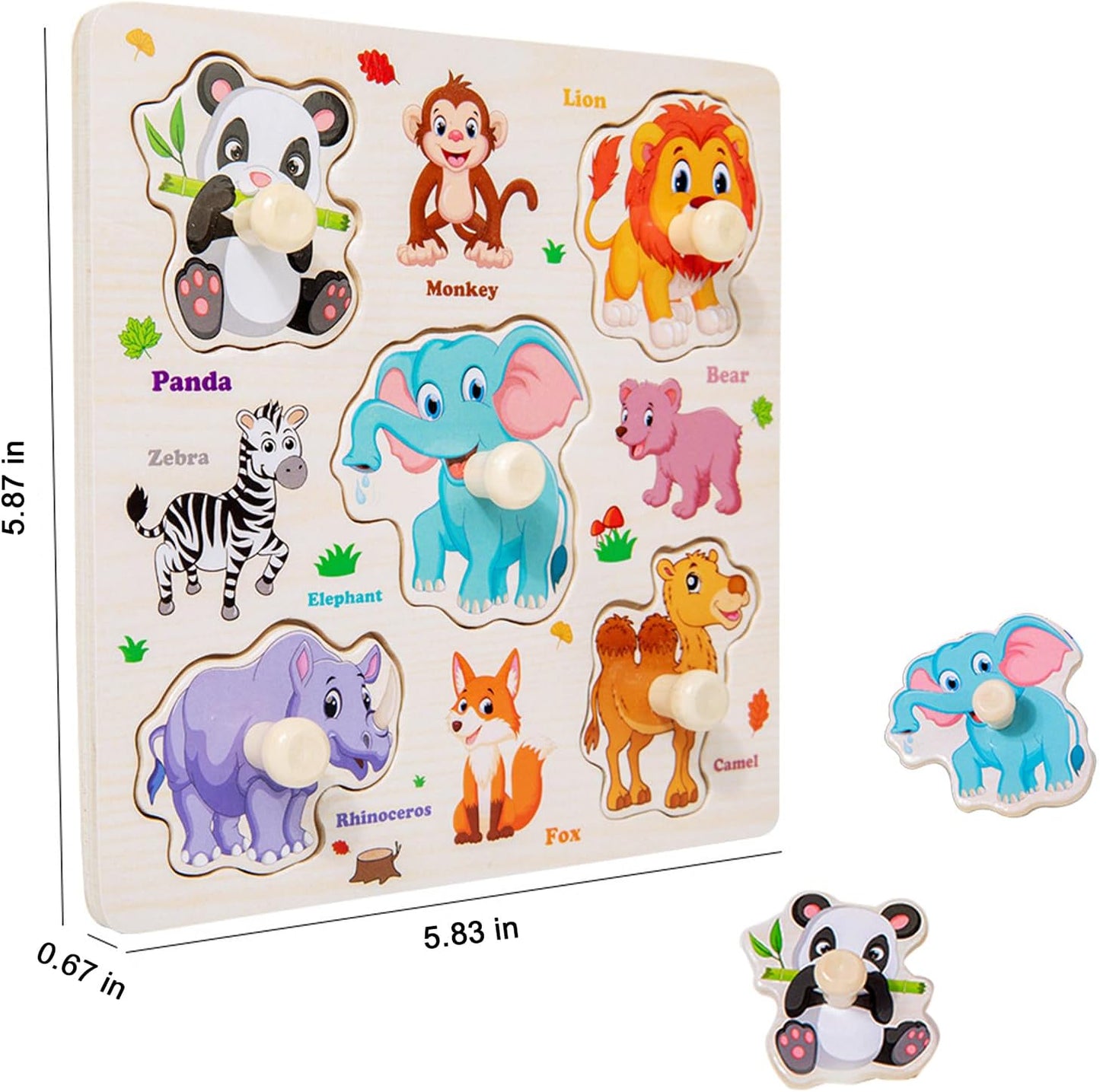 8Pcs Wooden Puzzle for Toddler 1-3, Peg Puzzles for Toddler 2-4, Montessori Learning Toys with Animals, Dinosaur, Fruits & More, Preschool Puzzle Set Educational Toys Toddler Gifts for Girls Boys