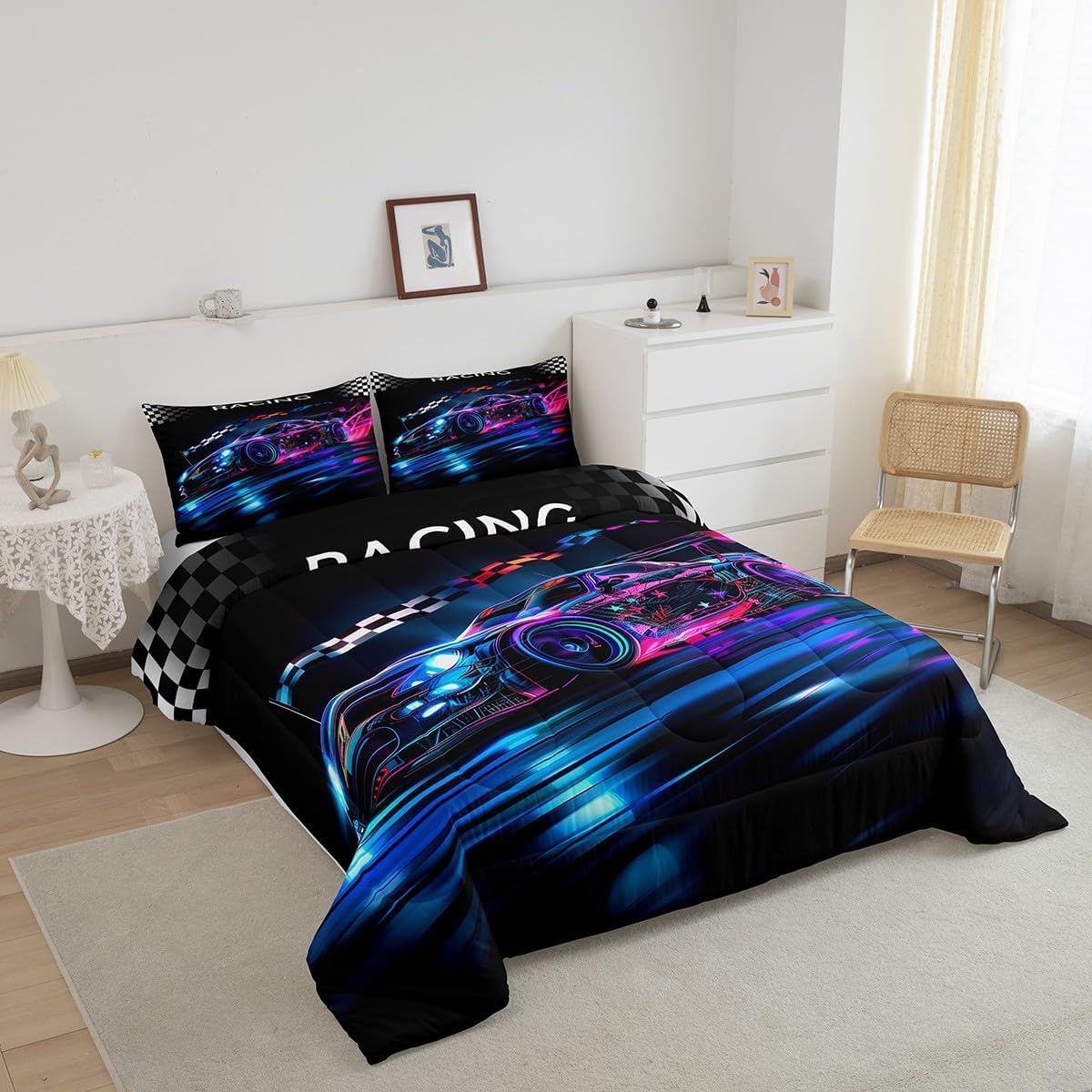 Castle Fairy Drum Kit Comforter Set,Musical Instruments Bedding Set for Kids Girls Women,Adults Rock Music Comforter,Neon Lighting Quilted Duvet Set Bedroom Collection Twin Size 2Pcs