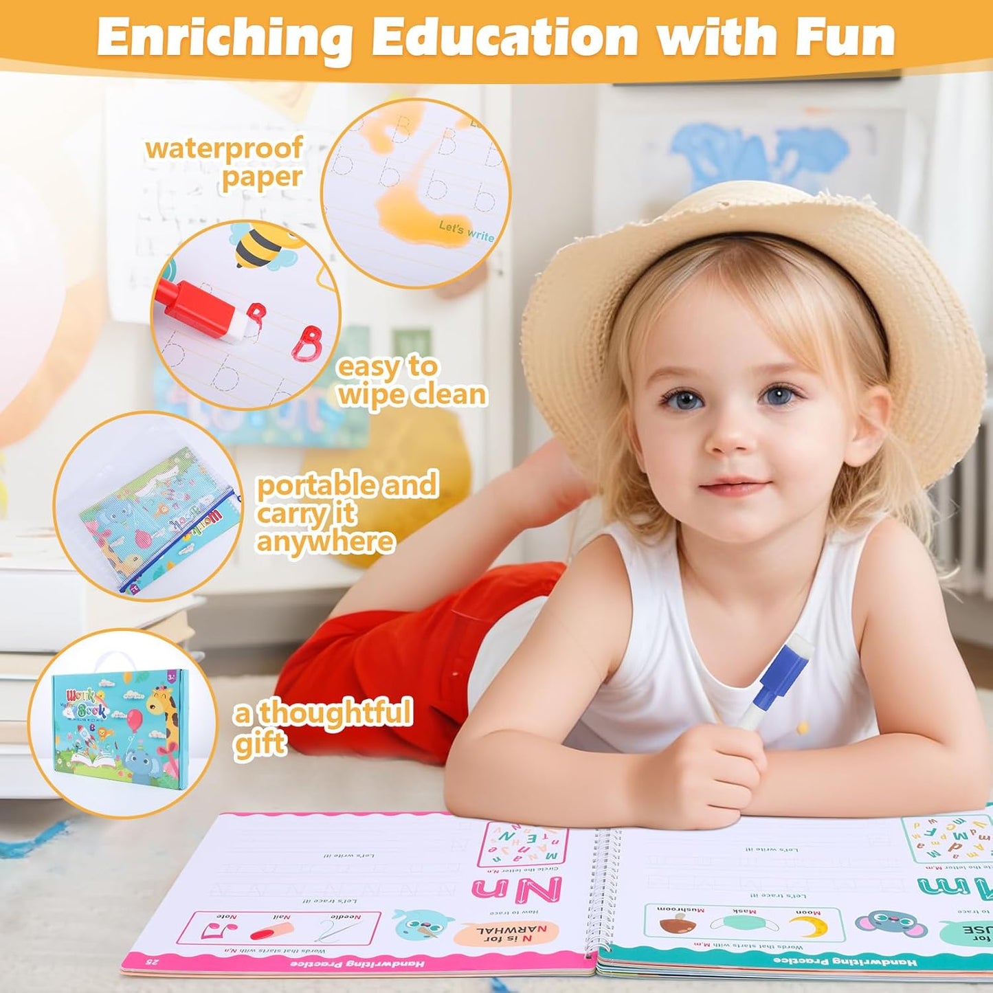 Thboxes Preschool Busy Book for Kids Ages 3-5 - 53 Pages Reusable Tracing Activity Coloring Book with Writing Practice, Educational Toys Gift, Autism Sensory Travel Activity Book for Toddlers