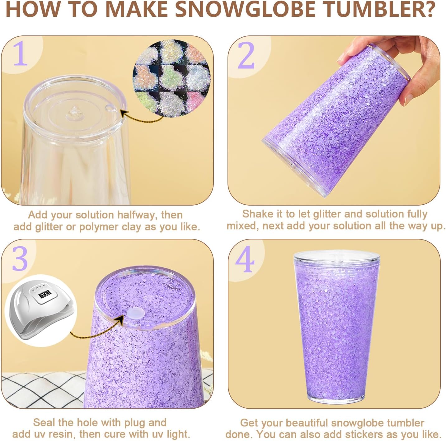 16 Oz Acrylic Kids Snowglobe Tumbler, 8 Pack Pre-Drilled Double Wall Plastic Snow Globe Cup for Glitter Snow Globe Diy