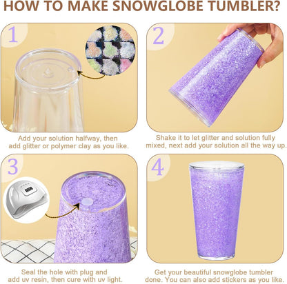 16 Oz Acrylic Kids Snowglobe Tumbler, 8 Pack Pre-Drilled Double Wall Plastic Snow Globe Cup for Glitter Snow Globe Diy