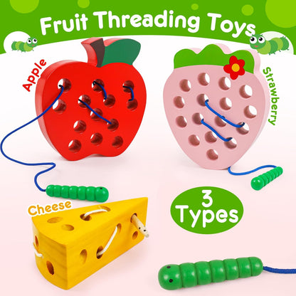 Lacing Toys for Toddlers,Wooden Threading Apple Baby Travel Toys,Montessori Education Sensory Learning Fine Motor Skills, Wooden Block Puzzle Gifts for 3 Year Old Baby Kids Boys Girls