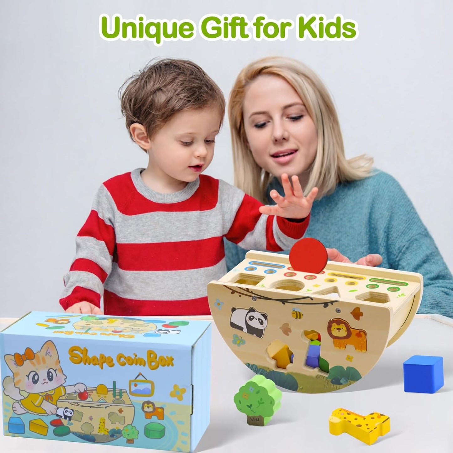 Montessori Busy Box for Toddlers 1-3, Wooden Object Permanence Coin Box with Shape Sorter & Animal Matching, Sensory Fine Motor Learning Toy with Wobble Base, Gift for 1 2 3 Year Old