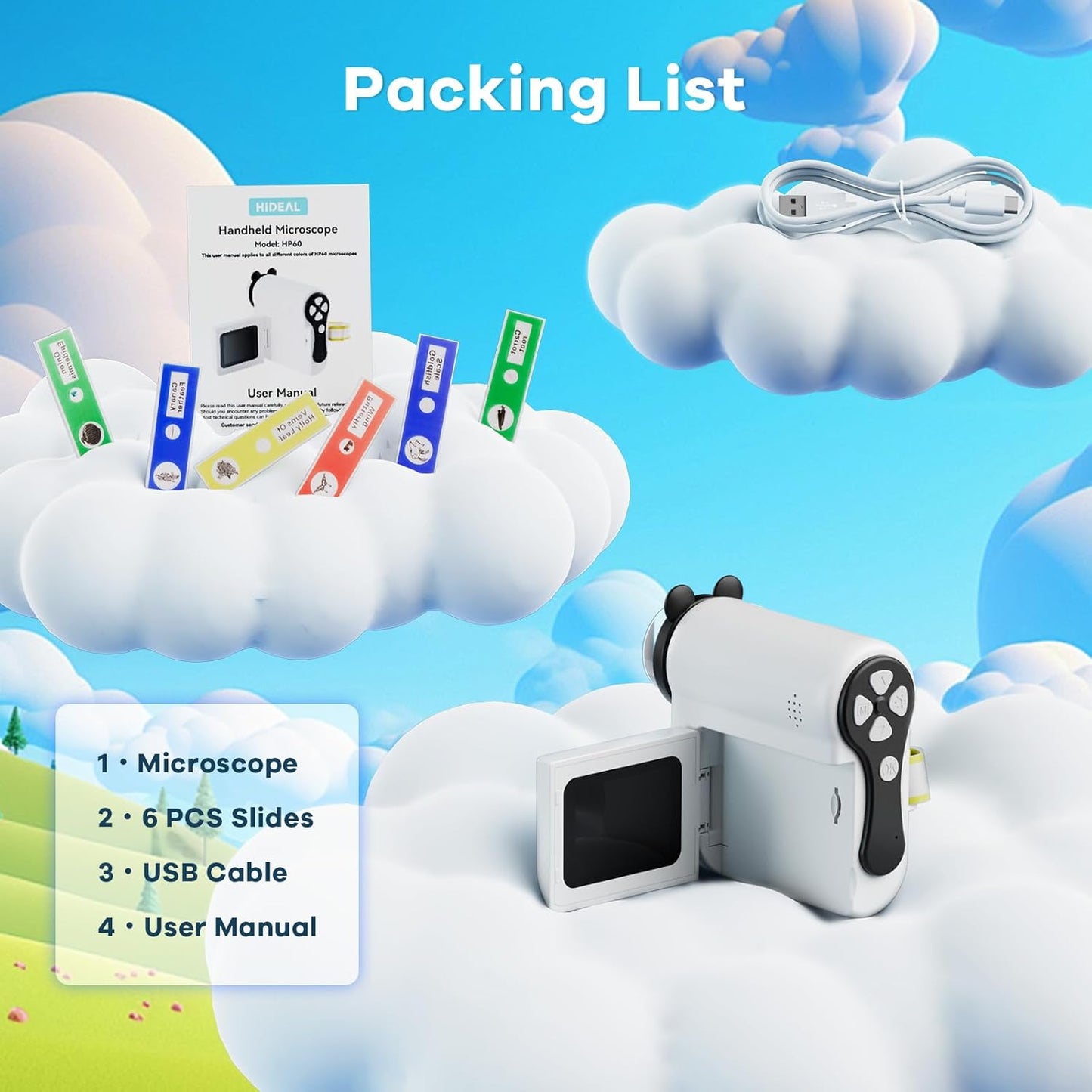 Hideal HP60 IPS Microscope for Kids: [Auto On & Off] [3-in-1] 2" Portable Handheld Microscope Miniscope, Pocket Mini Scope Educational Science Kit, Christmas Birthday Gifts for Kids, PC View, White