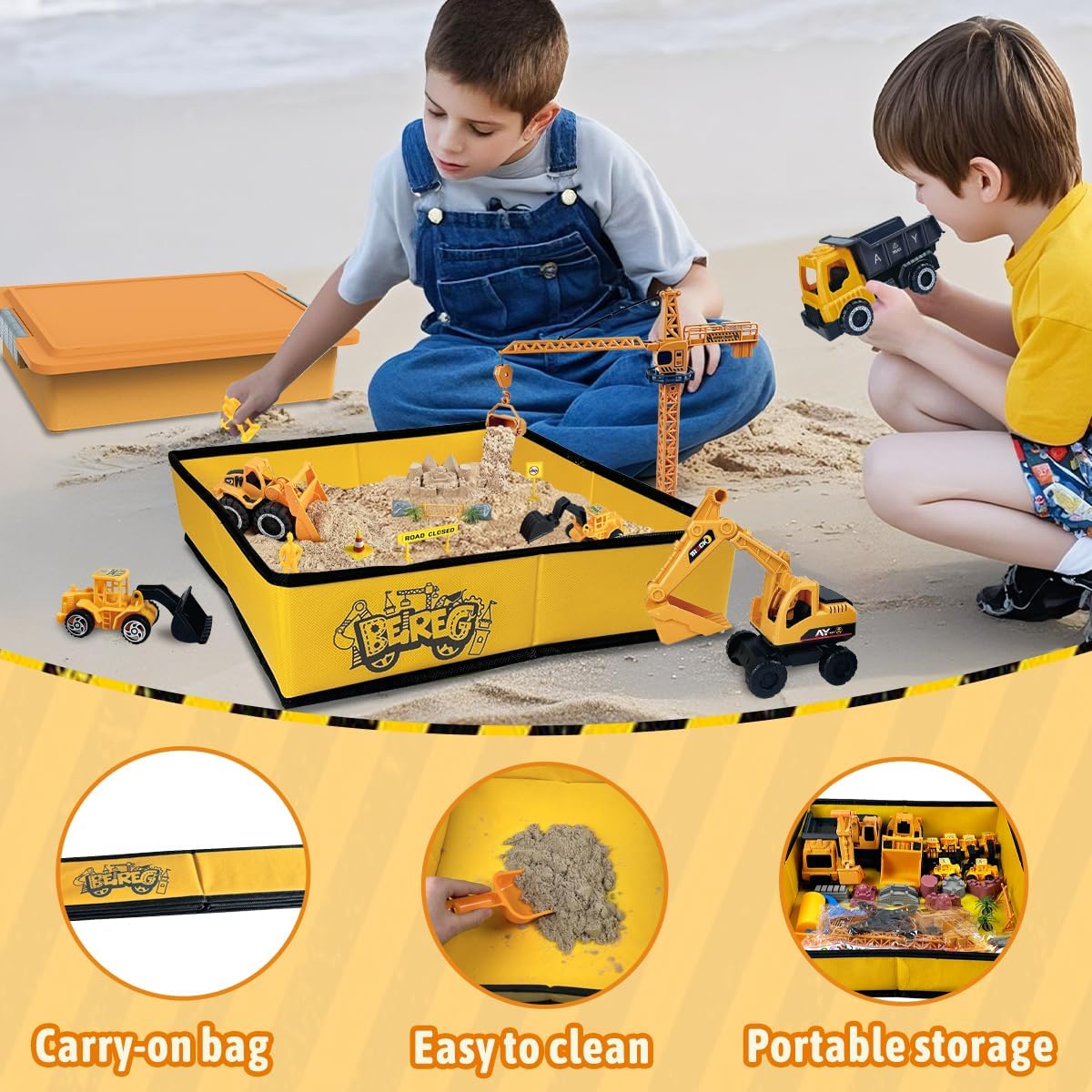 Construction Sensory Sand Kit - 42 PCS Building Set with 2lbs Magic Sand, 9 Construction Trucks, Foldable Roof Sandbox, Cranes, Road Signs & Tools | STEM Gift for Boys Ages 3-8