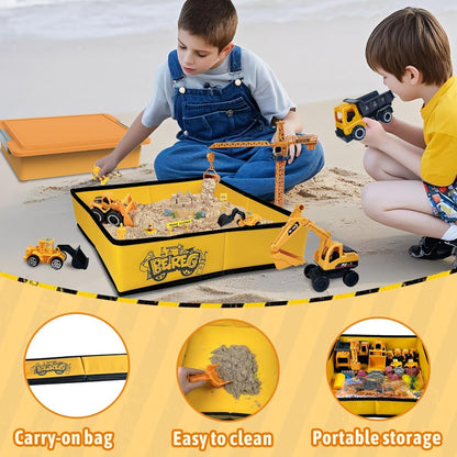 Construction Sensory Sand Kit - 42 PCS Building Set with 2lbs Magic Sand, 9 Construction Trucks, Foldable Roof Sandbox, Cranes, Road Signs & Tools | STEM Gift for Boys Ages 3-8