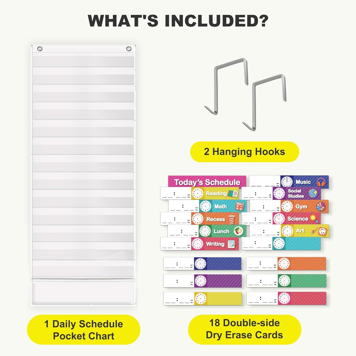 Eamay Daily Schedule Pocket Charts, Teaching Chart, Hoom, Eamay Daily Scheduling Pocket Chart with 13+1 Pockets, 18pcs Dry Erase Cards and 2 Hooks (Black-2)