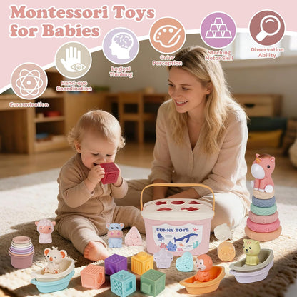 Montessori Baby Toys for Infants 6-18 Months Toddler 6–12 Months Shape Sorter Sorting Stacking Toy Sensory Learning Set with Stacking Rings for Babies Birthday Gift