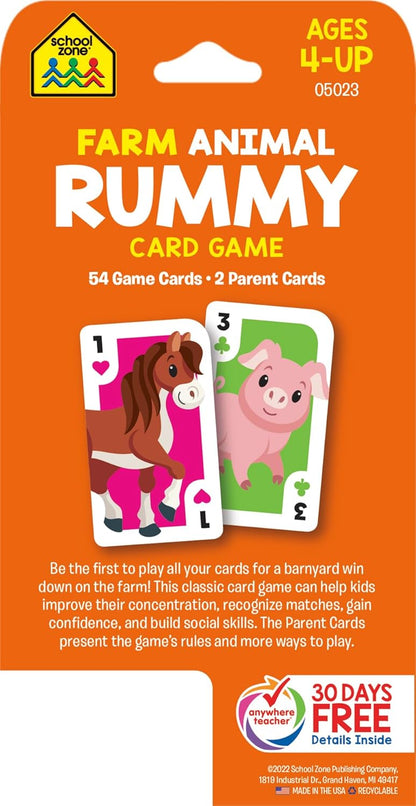 School Zone Farm Animal Rummy Card Game: 56 Game Cards, Preschool, Kindergarten, Counting, Matching, Numbers, and More