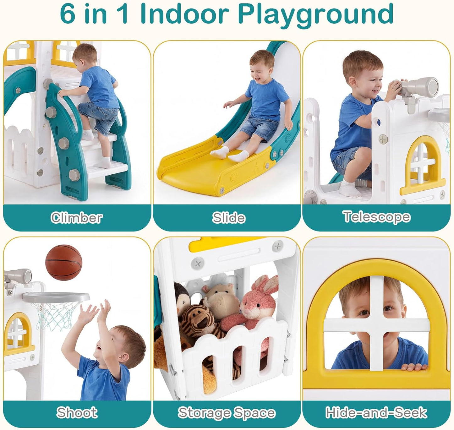 OLAKIDS Toddler Slide and Swing Set, 7 in 1 Kids Indoor Outdoor Playground with Climber Basketball Hoop Telescope Toy Storage for Boys Girls Aged 1+ (Grey)