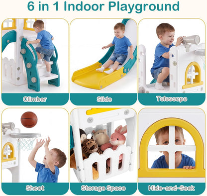 OLAKIDS Toddler Slide and Swing Set, 7 in 1 Kids Indoor Outdoor Playground with Climber Basketball Hoop Telescope Toy Storage for Boys Girls Aged 1+ (Grey)