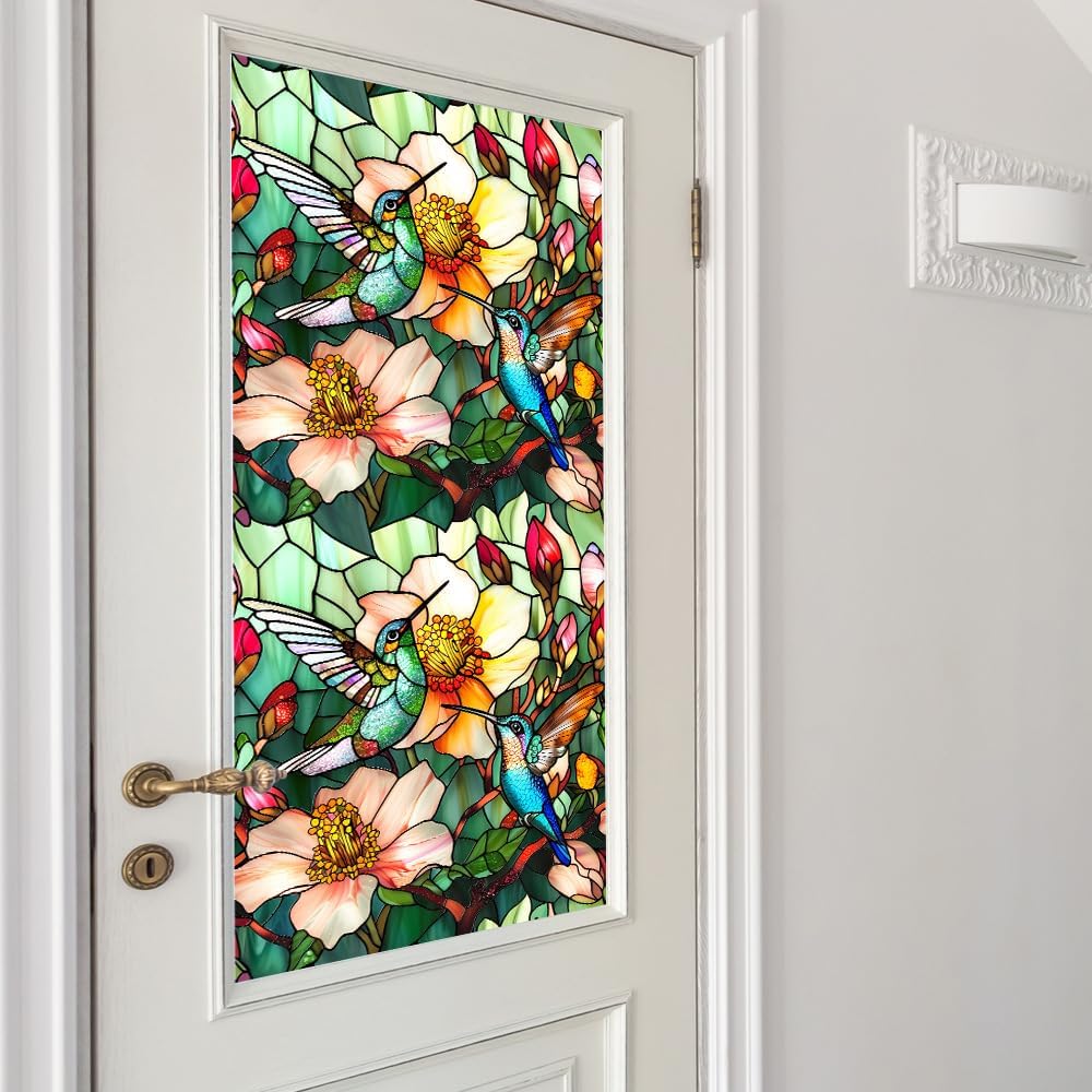 JOONOR Privacy Window Film Stained Glass Window Sticker Non-Adhesive Frosted Glass Film Decorative Magnolia Flower Pattern Static Cling Decals for Home UV Blocking/Heat Insulation 17.7 x 39.4 Inch