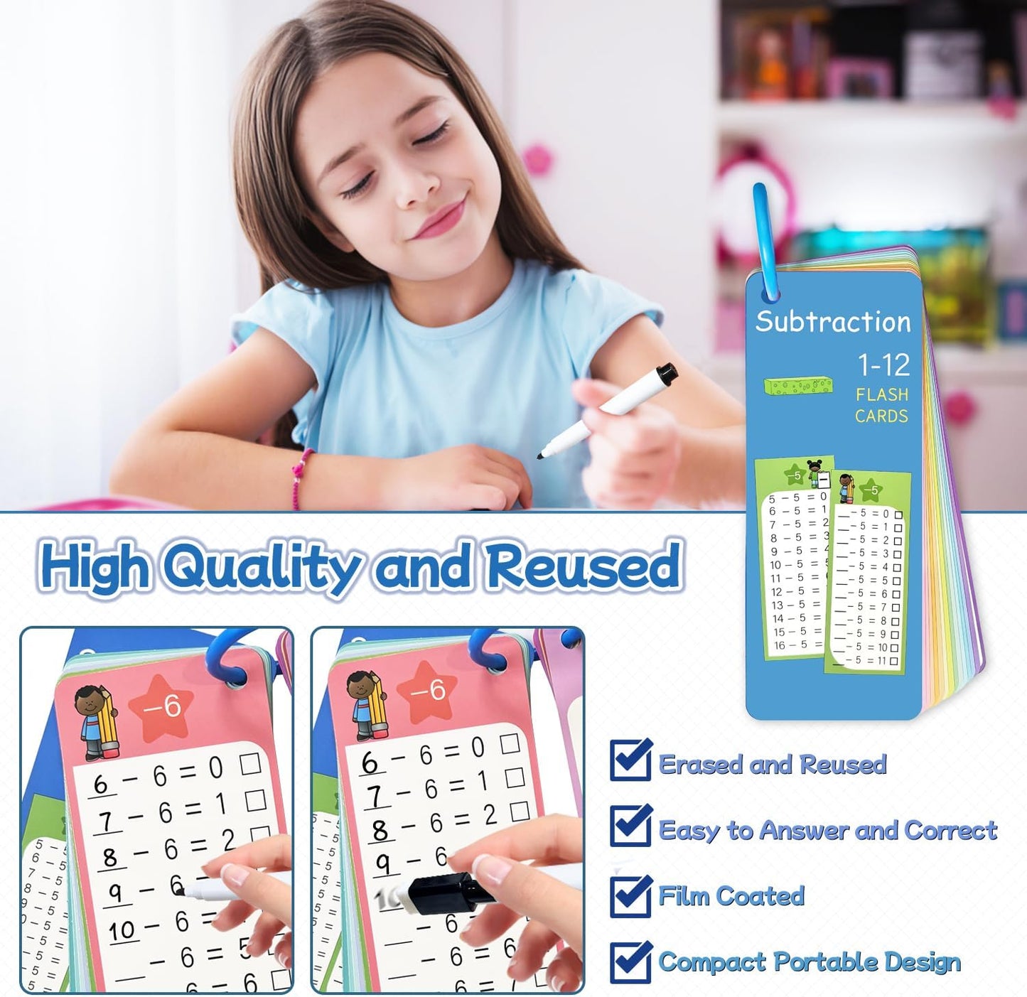 Multiplication Flash Cards 0-12, 15PCS Times Table Flash Cards Chart, with Dry Erase Markers Sorting Ring, 1st, 2nd, 3rd Grades Educational Math Multiplication Game for Kids Classroom Home