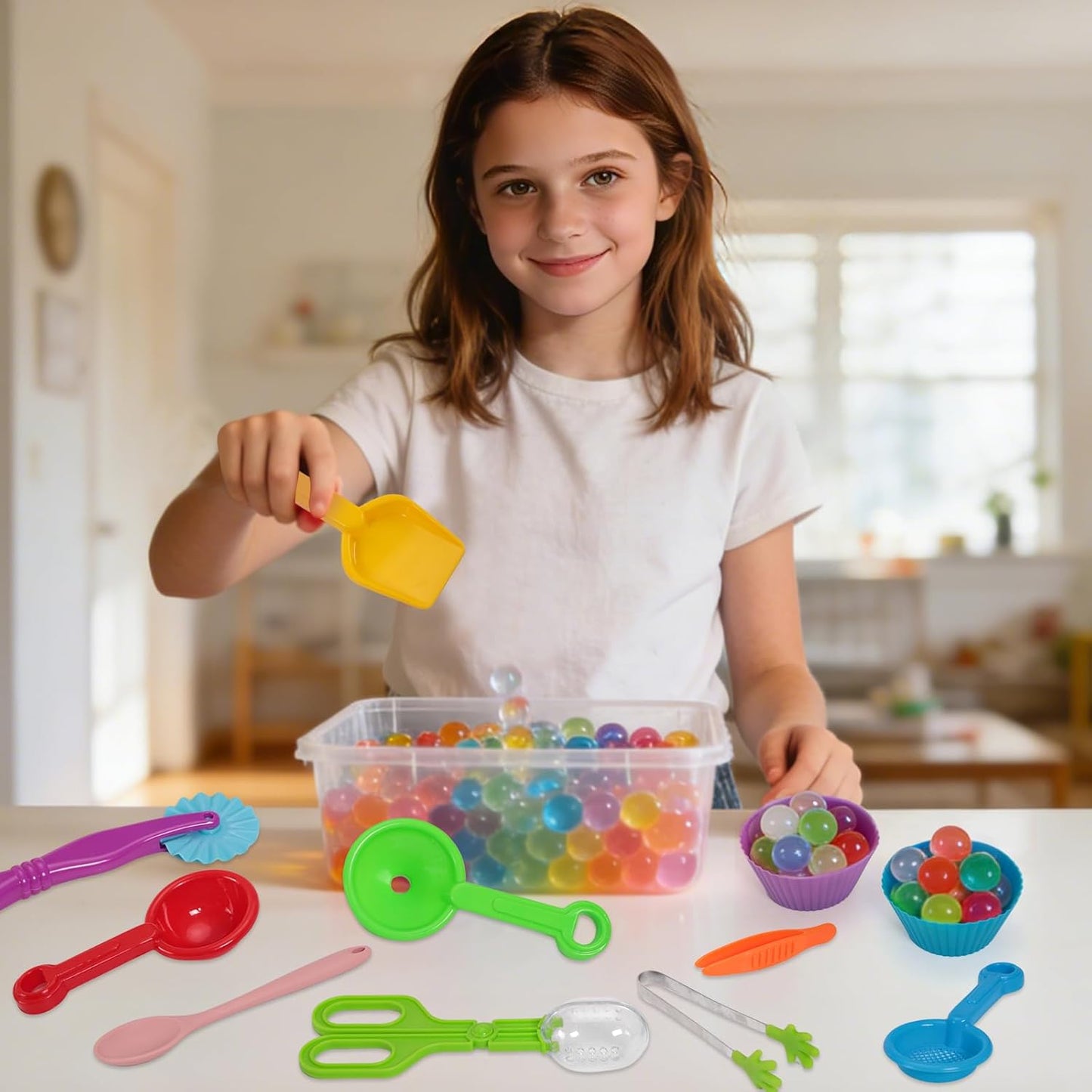 16 Pieces Sensory Bin Filler Plastic Sensory Bin Tools Fine Motor Skills Handy Scooper Set with 6 Scoops Beach Shovel Scissor Clip Tweezers Silicone Tong Funnel Dropper Sorting Bowls