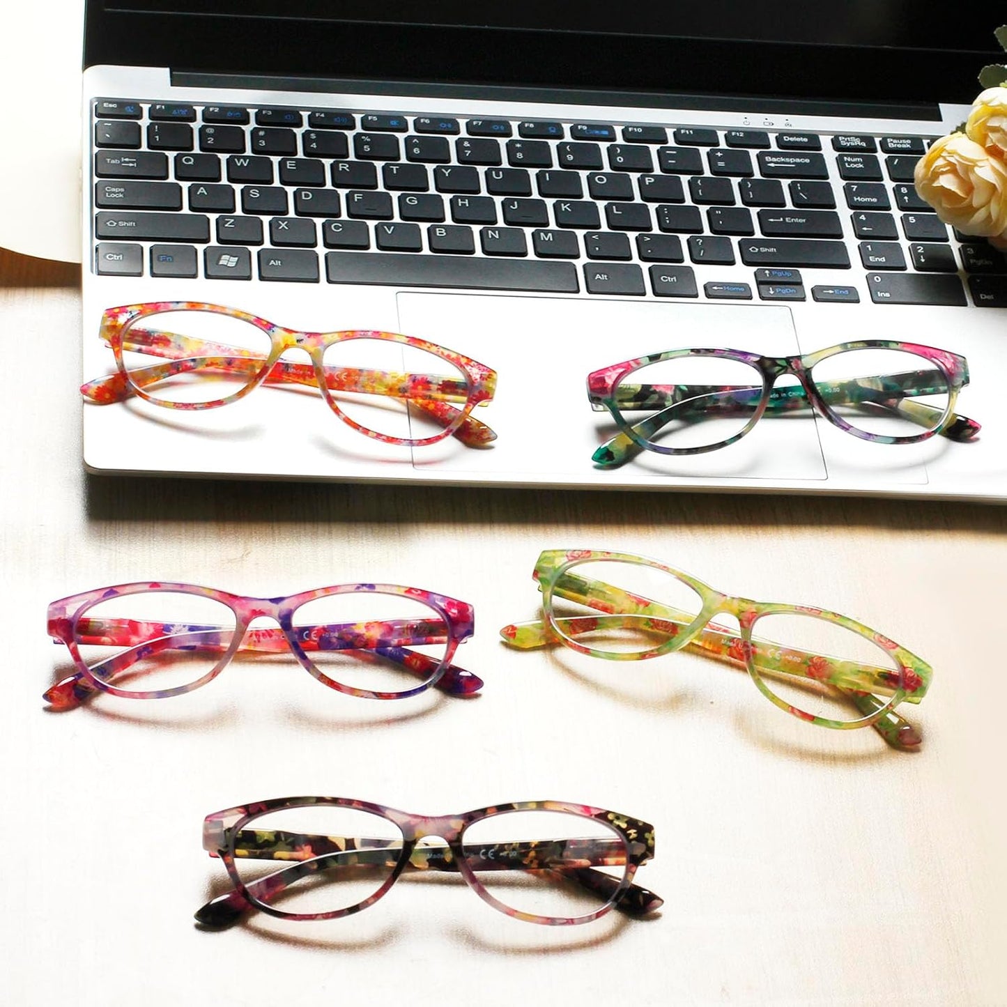SIGVAN Ladies Cat Eye Reading Glasses 5 Pairs Blue Light Blocking Spring Hinge Fashion Pattern Print Readers for Women