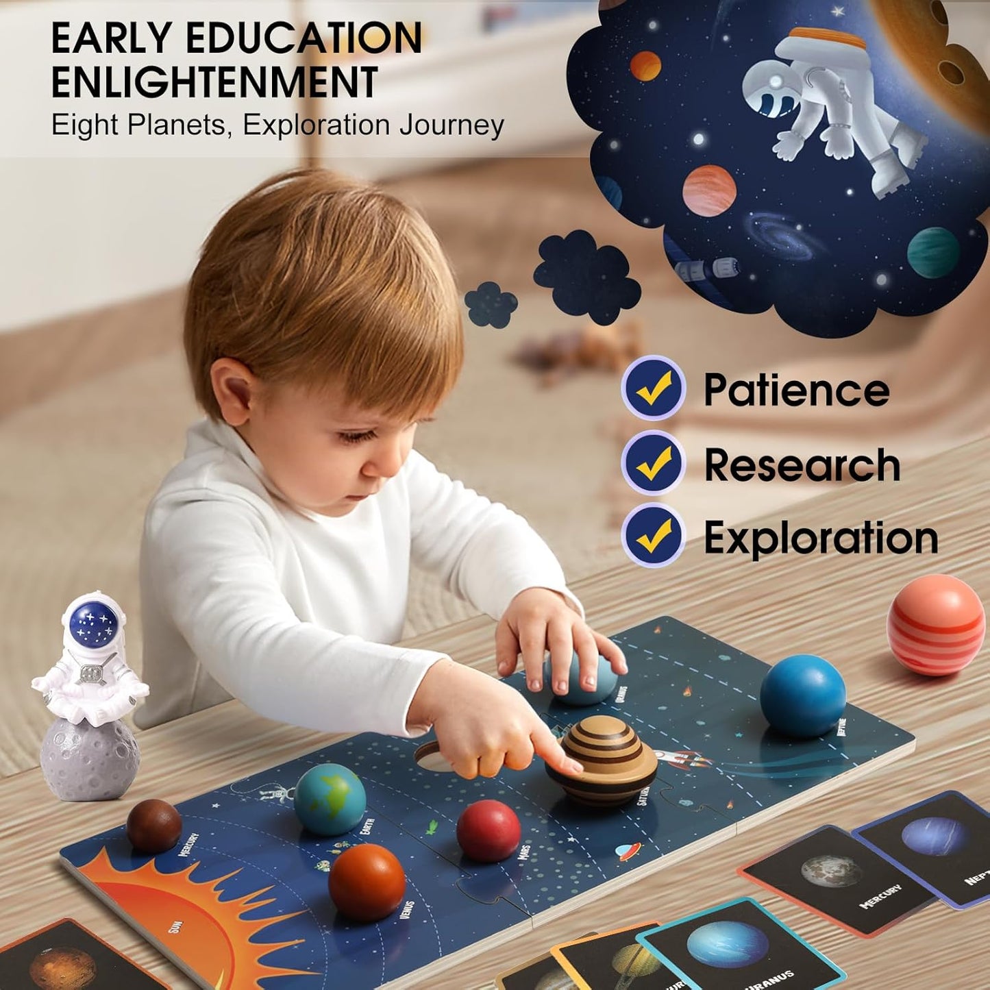 Wooden Solar System Model Board，Kids Solar System，Montessori Planet Toys,Educational Planets Balls,Preschool Learning Puzzle，Space Learning Toys