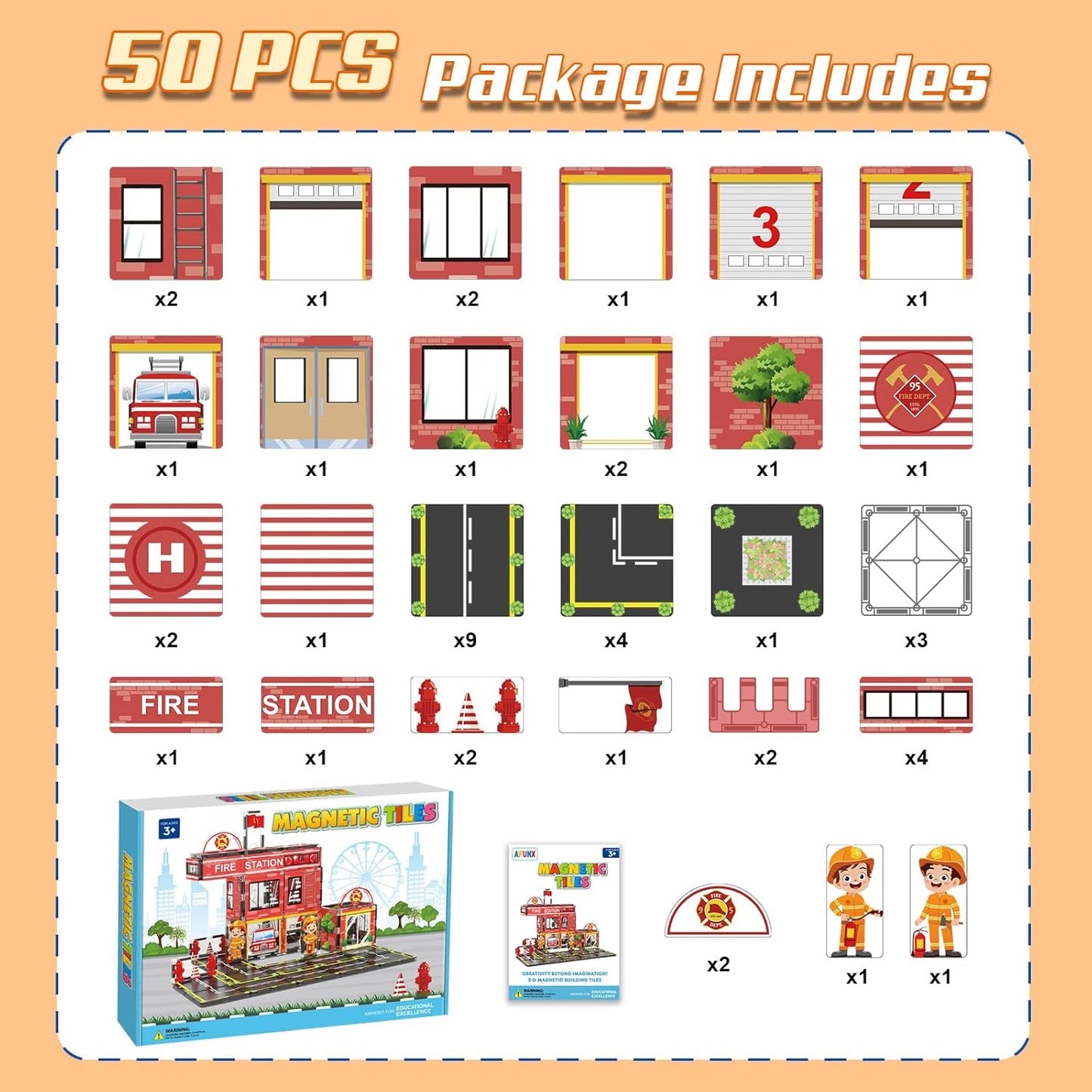 AFUNX Magnetic Tiles, 50PCS Police Station Theme Building Blocks Set, Magnet Building Blocks and STEM Preschool Toys for Toddlers Kids Ages 3-5 5-7 8-10