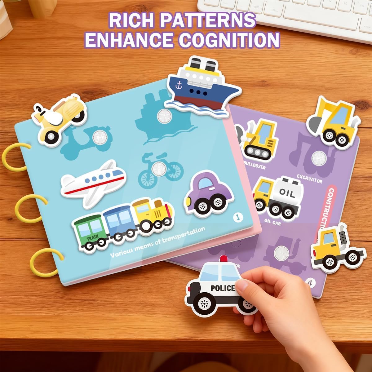 Kids Early Learning Busy Book Activity, Velcro Rip-off Vehicles and Coloring Fill In (Police Car, Fire Truck, Ambulance, Train, Bus, Cars, Boat, Airplane, Construction Trucks, Taxi) With Coloring Pens