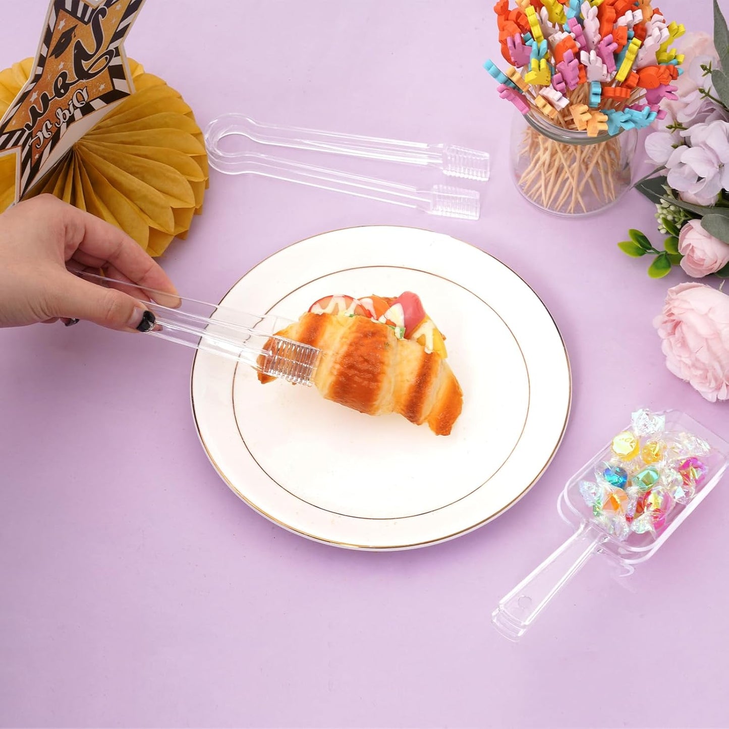12Pcs Clear Plastic Ice Scoops Tongs Set, Small Tongs for Serving Food, Mini Candy Scoops for Candy Buffet Dry Goods Freezer Bin Canisters (Clear)
