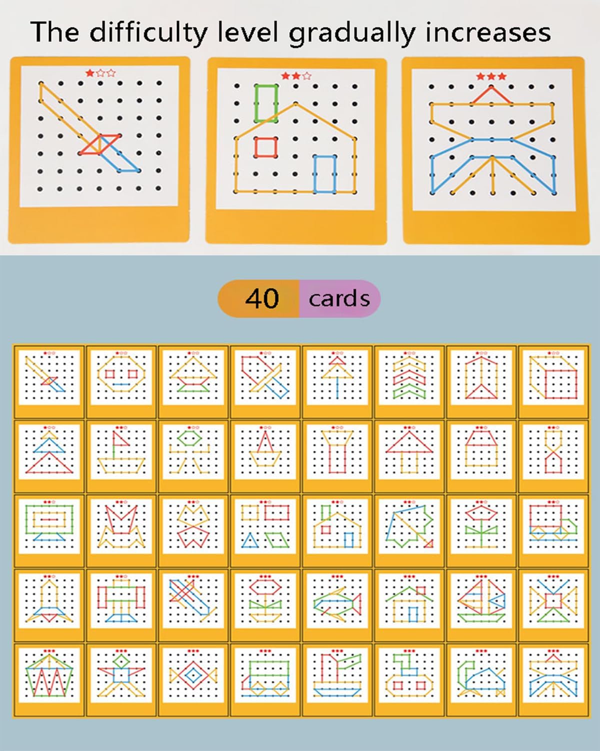 Wooden Geoboard Montessori Toy - Graphical Math Learning Tool for Preschoolers 3-5 Years Old, Comes with Pattern Cards and Rubber Bands to Build Shapes and Figures, Kids Educational Toys