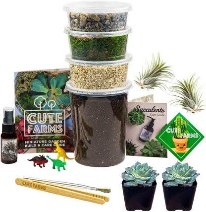 Cute Farms Terrarium Starter Kit | Moss, Vermiculite, Soil, Pebbles, Plant Food, & Finishing Tools (Large Kit + Crystals)