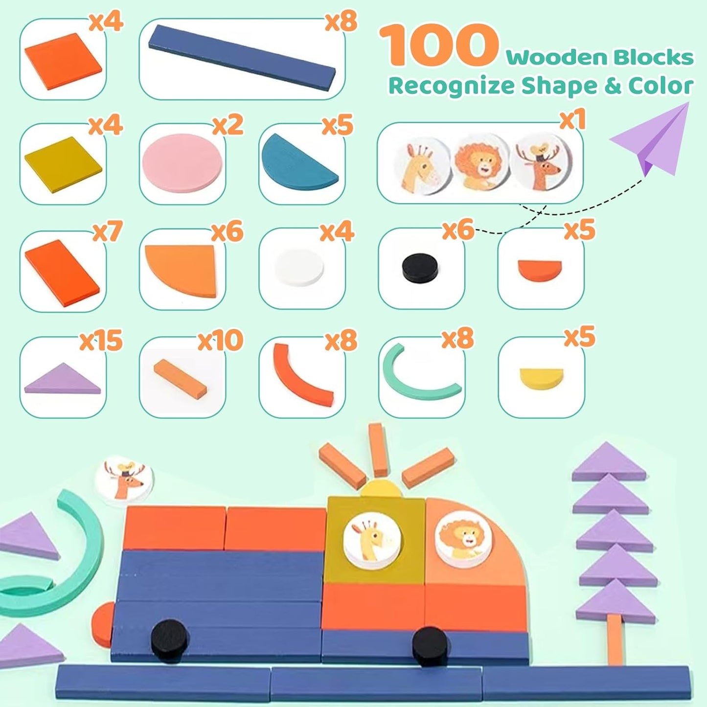 Wooden Shape Puzzles for Toddlers 3+ Years Old，Wooden Pattern Blocks Set Montessori Toys, Back to School, Preschool Education Activity STEM Gift for 3 4 5 Years Old Kids (100 PCS)