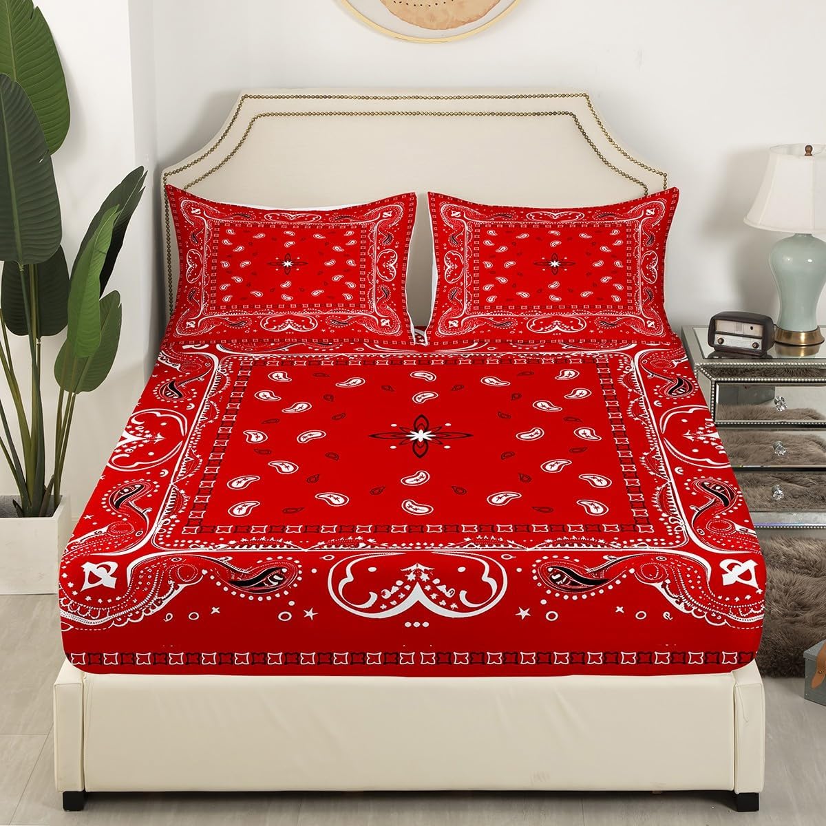 Manfei Musical Kids Fitted Sheet Full Size, MusicalGuitar Radio Drum Kit Headset Print Bedding Set 3pcs for Boys Girls, Rock Music Bed Cover with 2 Pillowcases, Soft Polyester Bedding, No Top Sheet