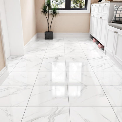 Wallercity White Marble Peel and Stick Vinyl Floor Tiles 6-Pack 12x12 Inches Self Adhesive Waterproof Flooring Planks for Bathroom Kitchen Bedrooms Stick on Floor Tiles Laminate Sheets Vinyl Flooring
