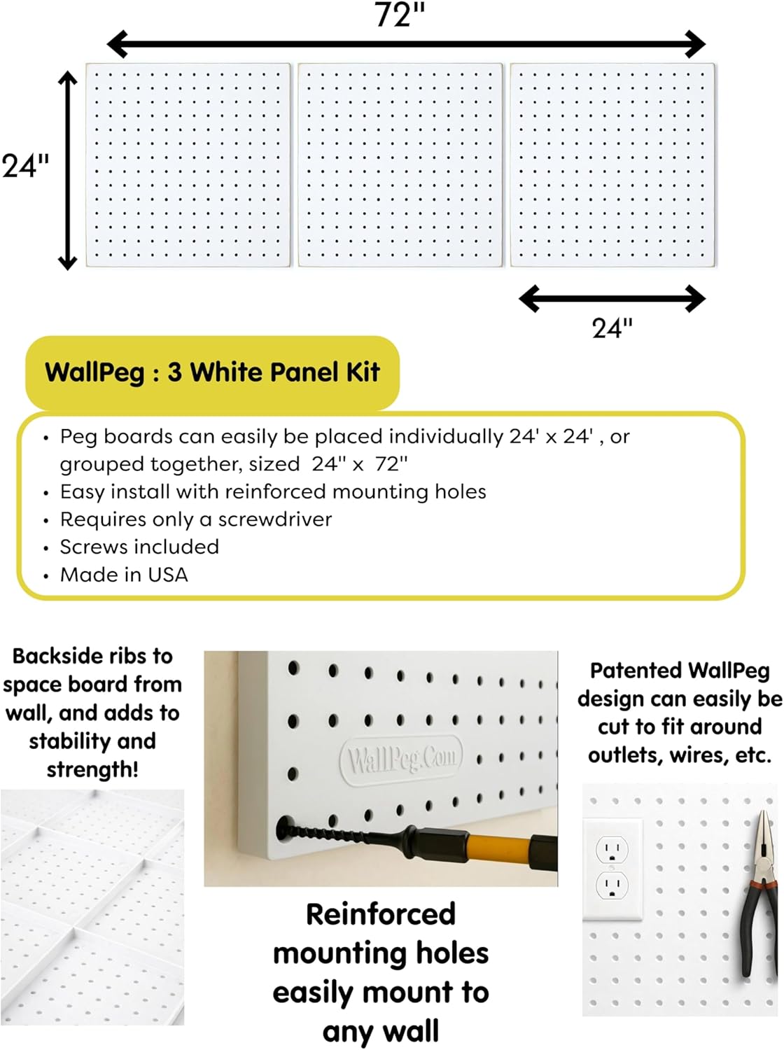 WallPeg PEGBOARD Panels Peg Board Plastic Pegboard Kit 24"x24" (2, White)