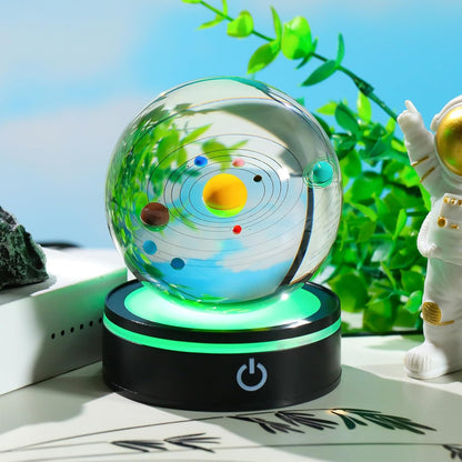 YWHL 3D Solar System Crystal Ball 80mm with Light Base, Laser Engraved Glass Planet Solar System Model Sphere Night Light Decor Space Universe Astronomy Gifts for Women Men Teens Boys and Girls