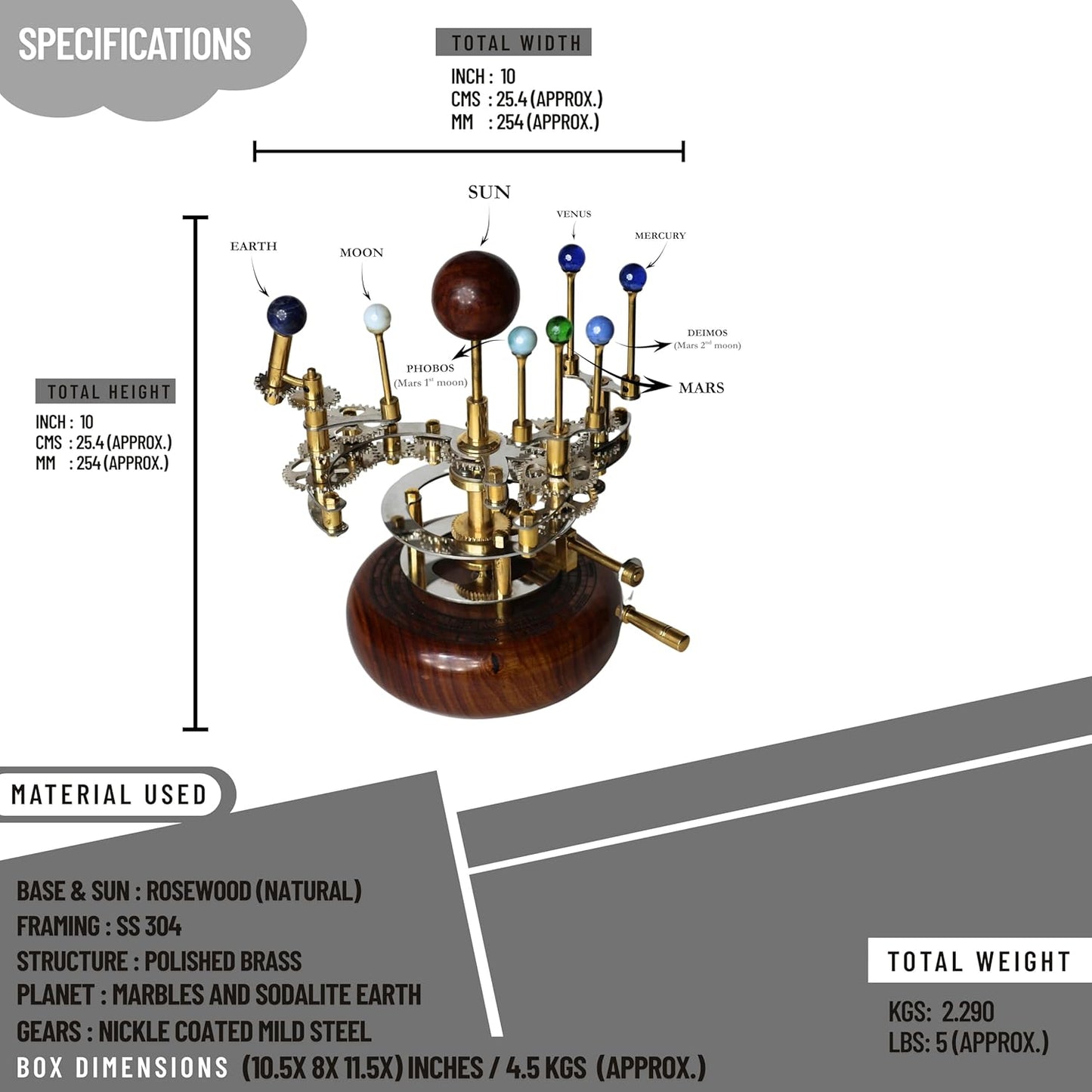 Luxury Vintage Brass Orrery – Exquisite Brass Planetary Gear Mechanism | Astronomical Desk Ornament | Solar System Model (8" Mercury, Venus, Earth, Mars, Uranus & Moons)