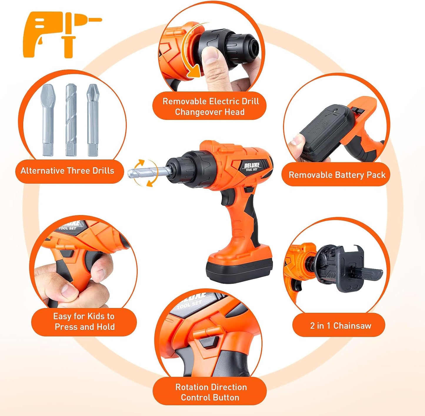 Kids Tool Set – Zealous 48 pcs Toddler Tool Set with Tool Box & Electronic Toy Drill, Pretend Play Kids Toys, Toy Construction Tools for Kids Ages 3,4,5,6,7,8 Years Old (A-Orange)