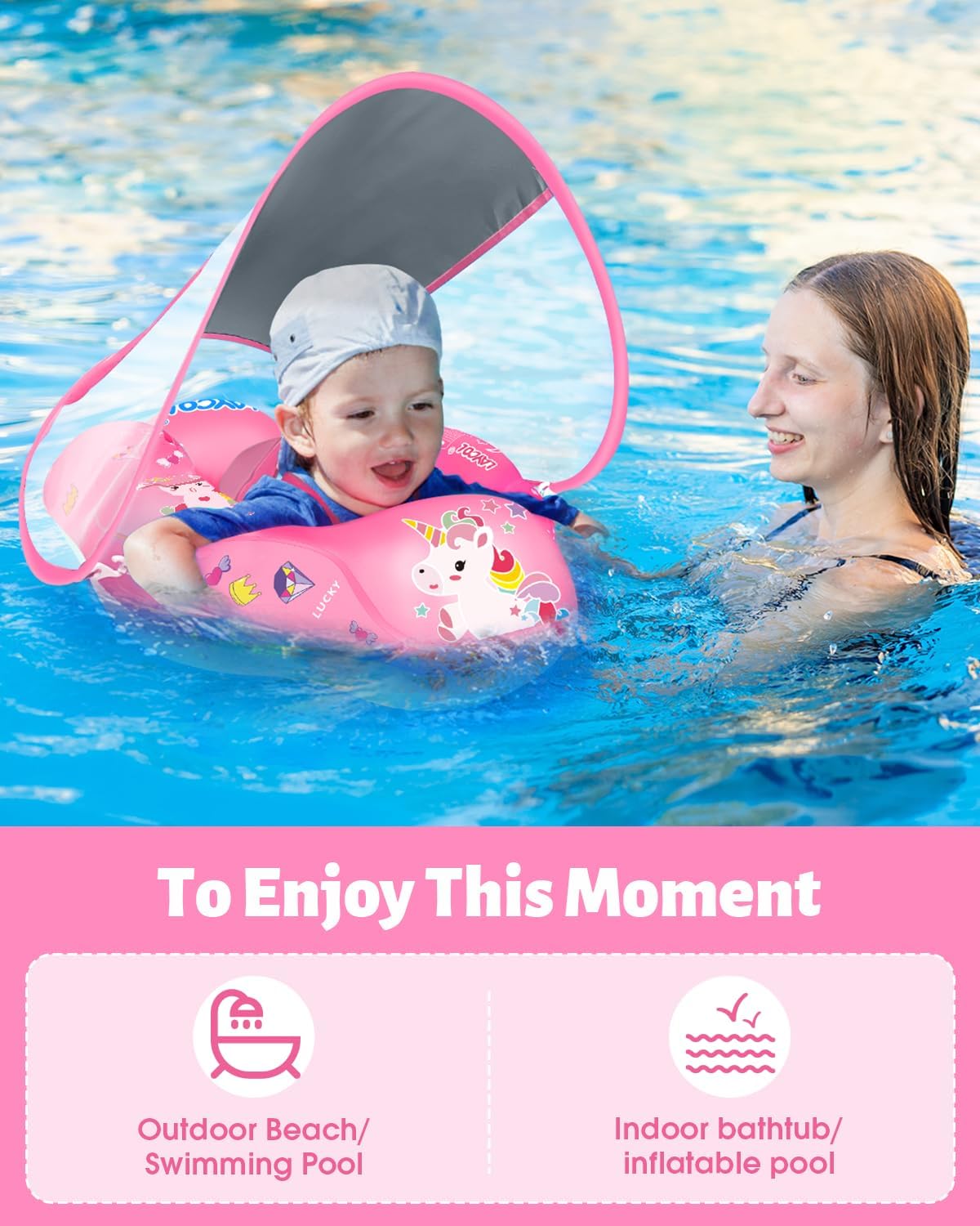 LAYCOL Baby Pool Float with Canopy UPF50+, 5 Point Safety Buckle No Flip Over, Inflatable Toddler Floaties Infant Pool Floats with Double Air Chambers, Baby Beach Essentials/Traval for 3-36M