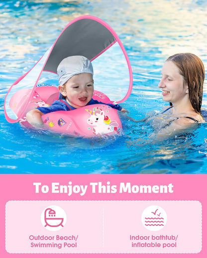 LAYCOL Baby Pool Float with Canopy UPF50+, 5 Point Safety Buckle No Flip Over, Inflatable Toddler Floaties Infant Pool Floats with Double Air Chambers, Baby Beach Essentials/Traval for 3-36M