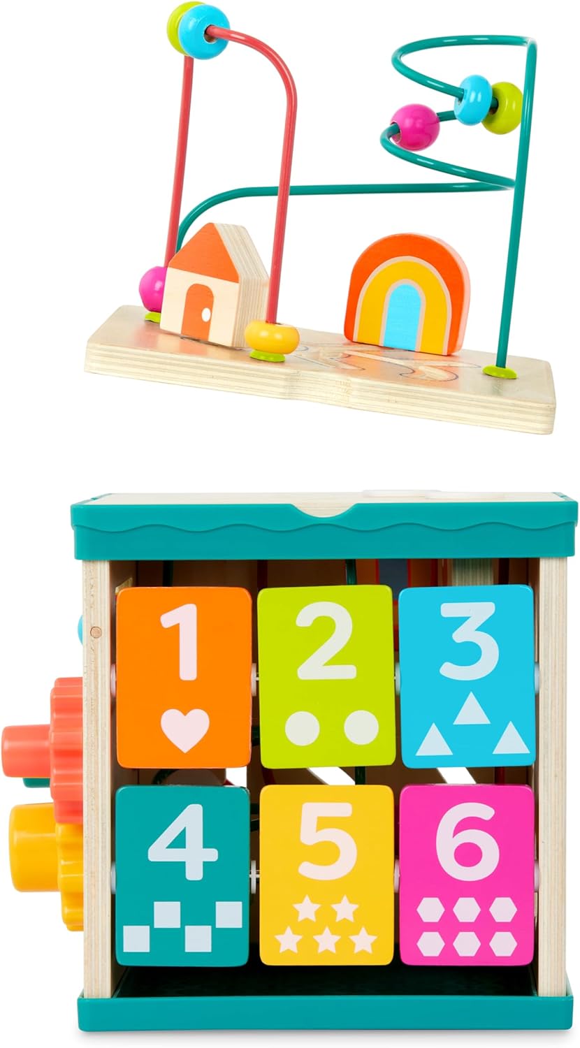 B. toys – Tabletop Activity Cube – Educational Storybook Included – Wooden Shape Sorter, Bead Maze, Animal Tiles – Top Flips for Compact Storage – 12+ Months – Lil' Learning Cube