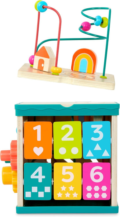 B. toys – Tabletop Activity Cube – Educational Storybook Included – Wooden Shape Sorter, Bead Maze, Animal Tiles – Top Flips for Compact Storage – 12+ Months – Lil' Learning Cube