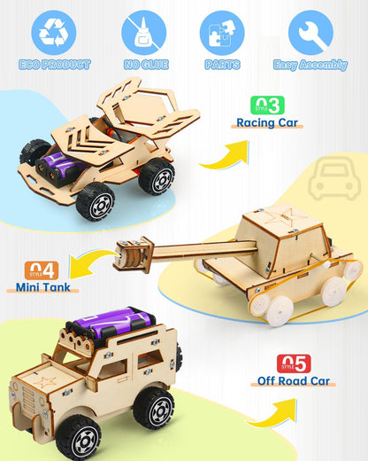 Poraxy STEM Kits for Kids Age 8-10, 5 Set STEM Toys for Boys Age 8-12, Wooden 3D Puzzles Model Car Kits, Science Kit Crafts Building Project, Birthday Gifts for 6 7 8 9 10 11 12 13 Year Old Boys Girls