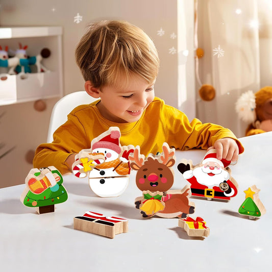 HUZU Animal Snap Wooden Building Blocks – Fun & Educational Puzzle Toy for Kids Aged 3-8, Features Cow, Bear, Lion and Turtle, Matching Game with Interchangeable Animal Faces & Emotions
