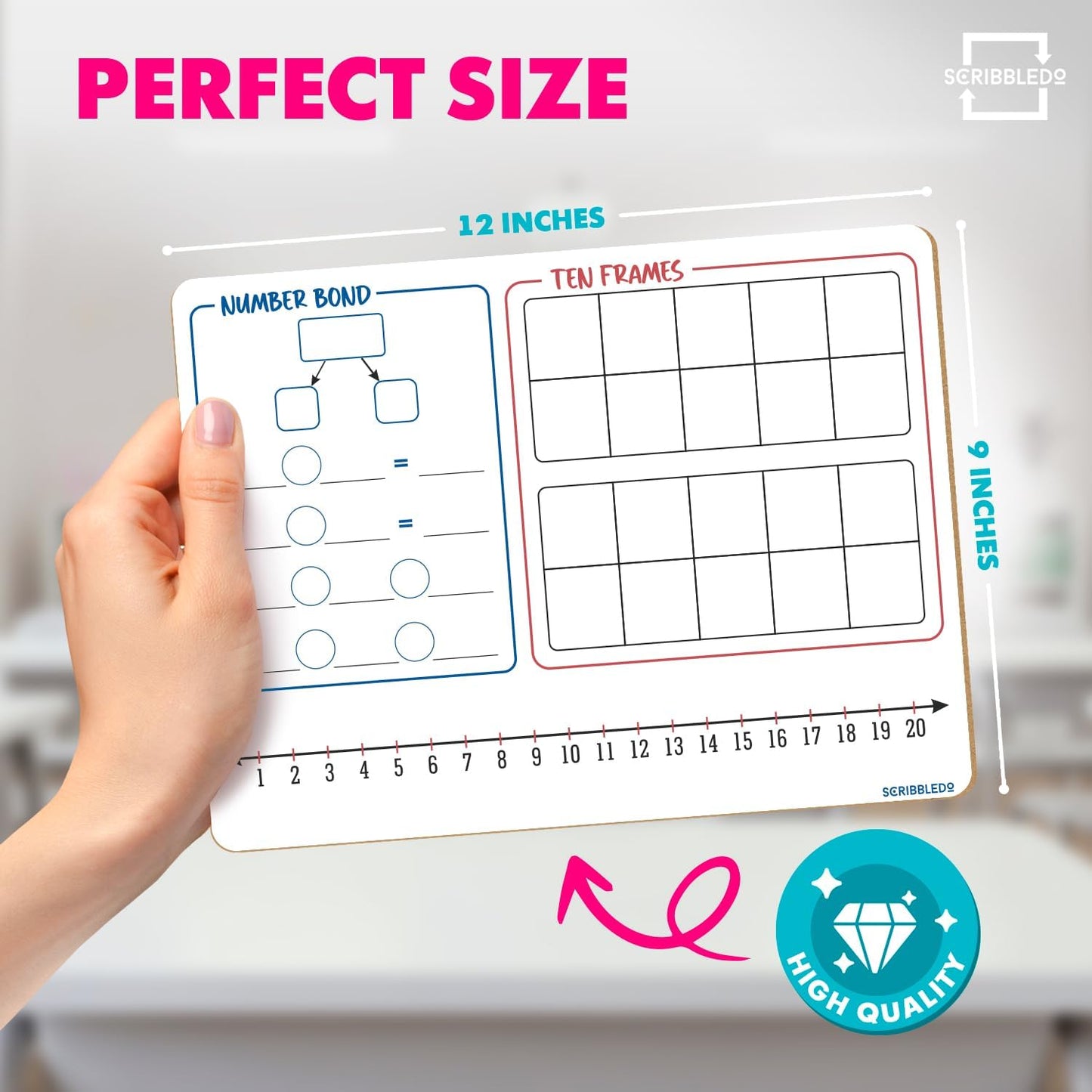 SCRIBBLEDO Number Bond, Ten Frame & Number Line 9x12 Double-Sided Dry Erase Math Board 1–120 Number Chart on Back Reusable Learning Whiteboard for Teacher Classroom Student Homeschool